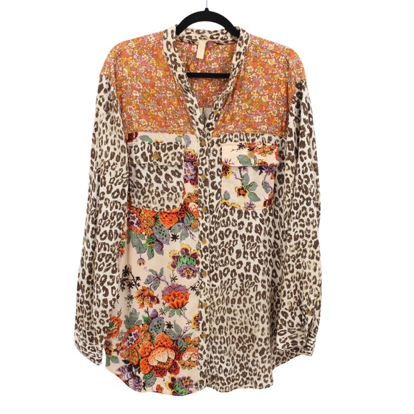 Pilcro and the Letterpress Tops - Pilcro Anthropologie Mixed Media Leopard Floral Patchwork Button Down Shirt L